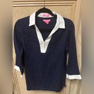 Isaac Mizrahi 100% Linen Womens Sz M V-Neck Blouse Tunic Navy Blue White Trim